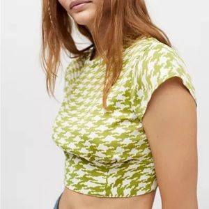 NWT Urban Outfitters Green Houndstooth Silky Top Tie Back